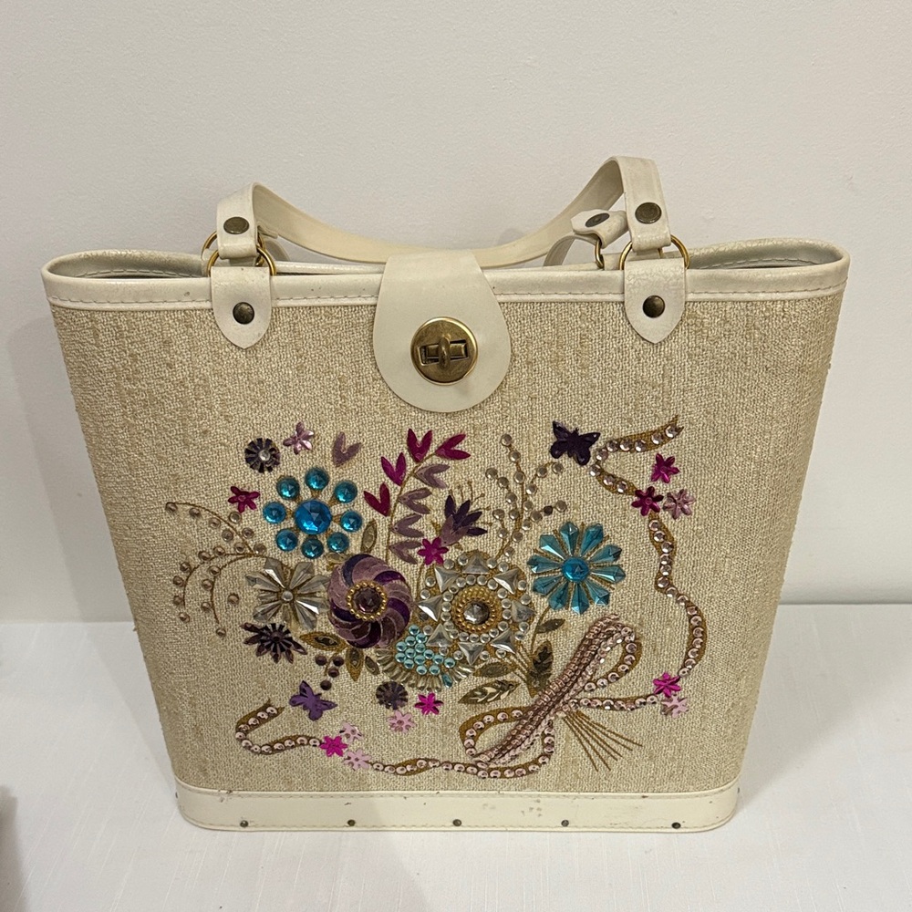 Embroidered Floral Beige Tote Bag